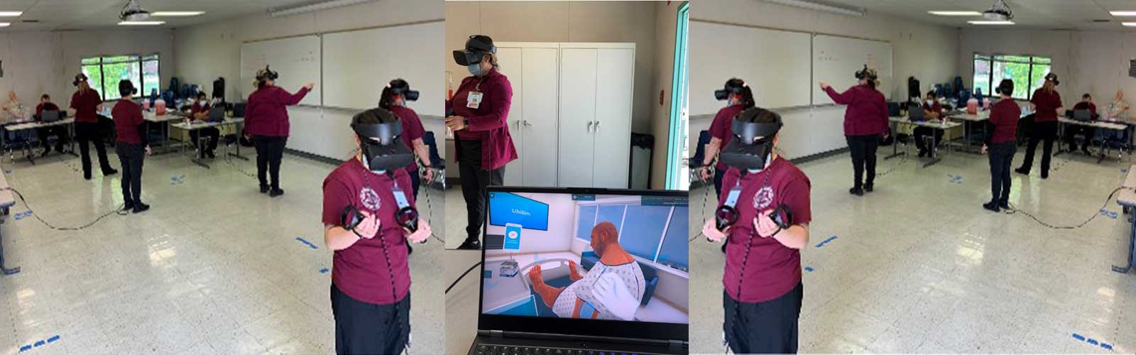 A selection of images of nurses in training using the virtual software to enhance their clinical experience